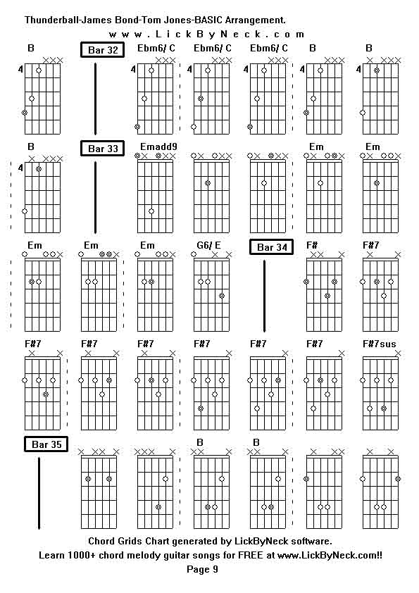 Chord Grids Chart of chord melody fingerstyle guitar song-Thunderball-James Bond-Tom Jones-BASIC Arrangement,generated by LickByNeck software.